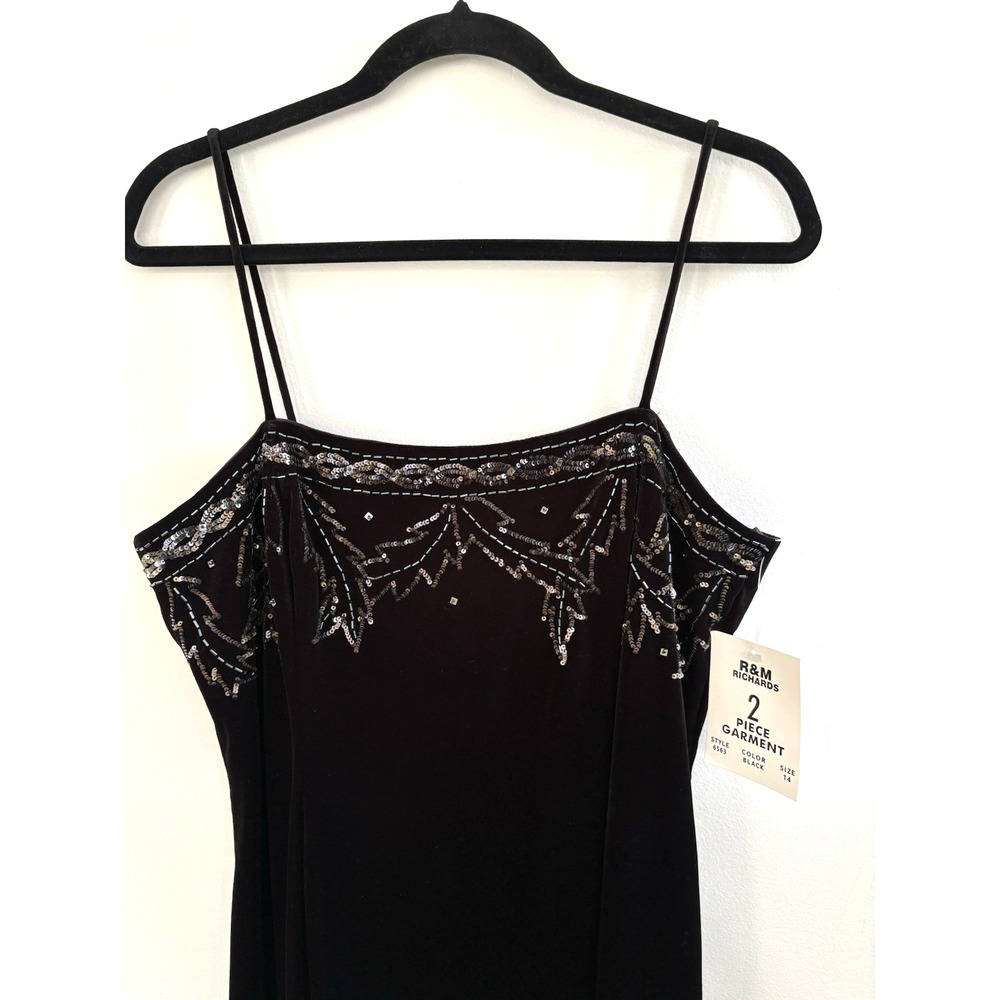 R&M Richards Women Black Sequin Beaded Velvet Maxi Dress‎ Formal Size 14 6563